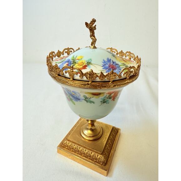 Mod A.C.F Dep Vintage Lided Floral Jar With Angel On Top - Picture 2 of 16